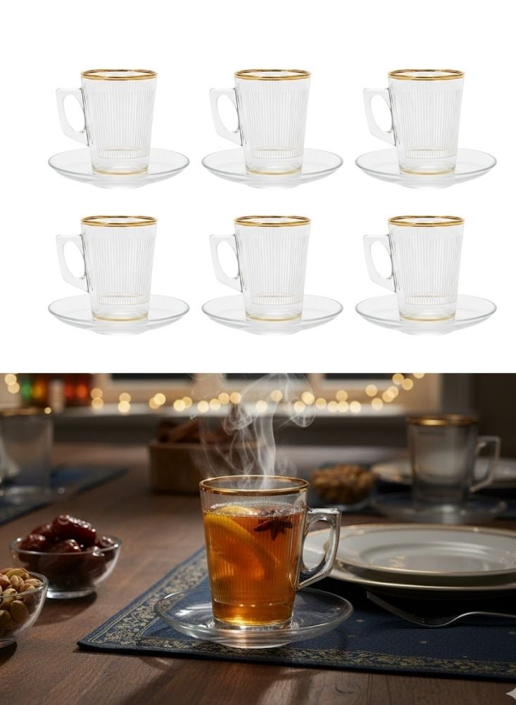 Premium Ribbed Glass Tea Cup with Saucer Set – 6 Pcs Cups + 6 Pcs Saucers Gold Rim Elegant Tea Set - Image 1